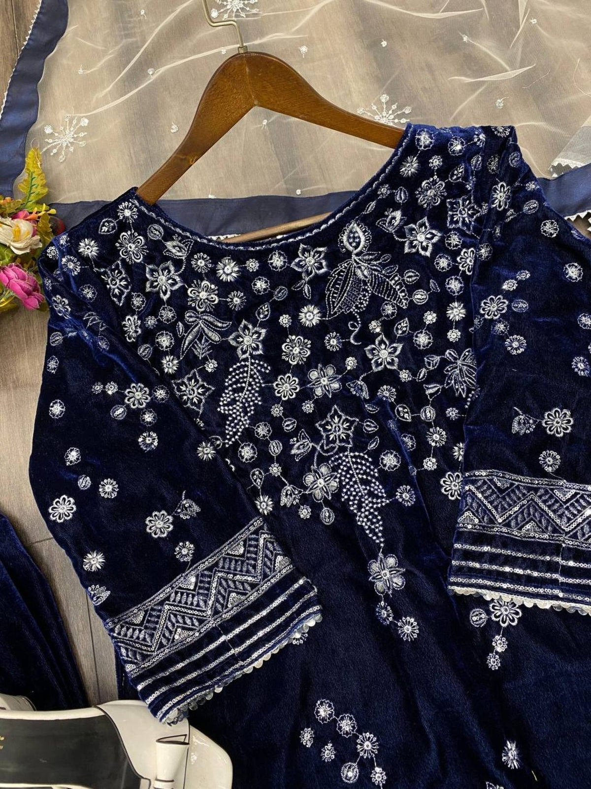 Blue Viscose Velvet Sequence Embroidery Suit Pant With Dupatta