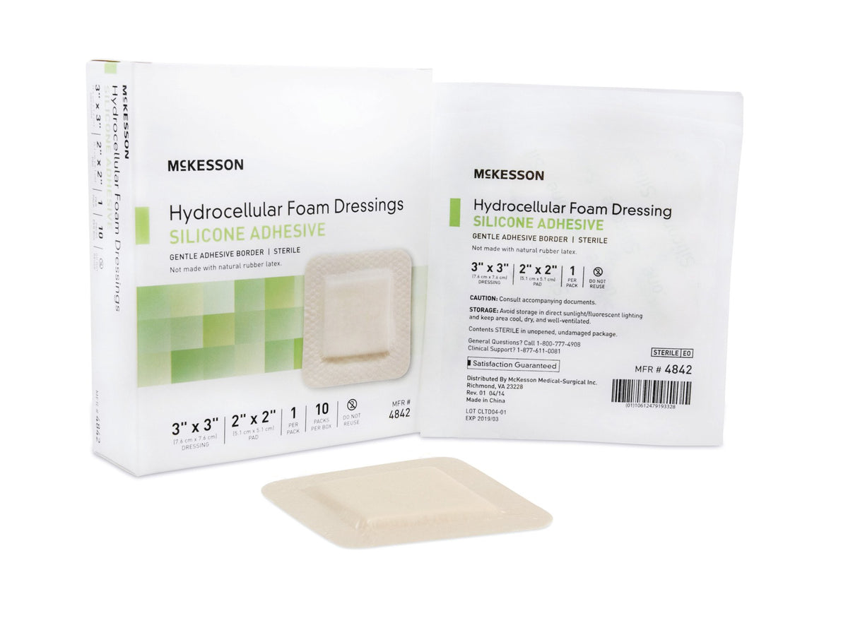 McKesson Square Sterile Adhesive Silicone Foam Dressing with Border, 3 x 3 Inch