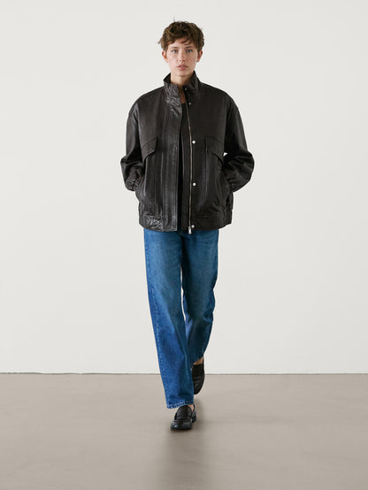 Textured nappa leather jacket with double pocket