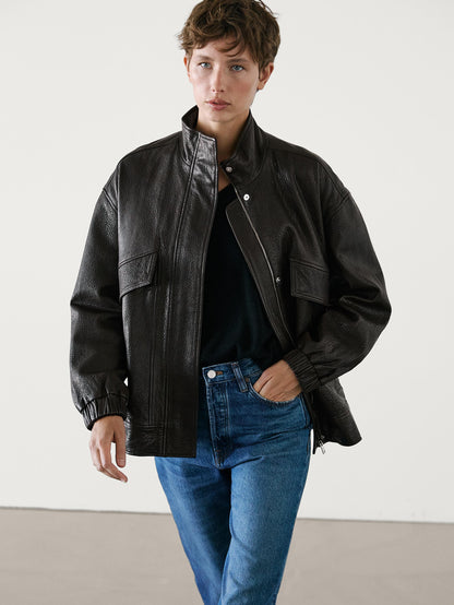 Textured nappa leather jacket with double pocket