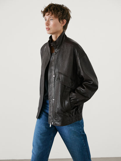 Textured nappa leather jacket with double pocket