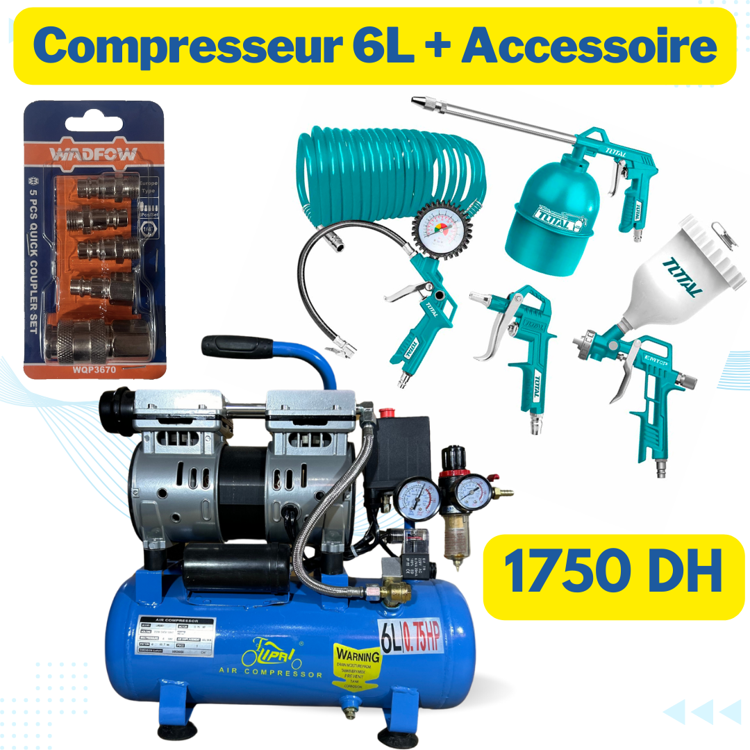 Compresseur d'air 6litres silencieux LIPAL + Pack Pistolet Total 5 Pcs + Pack Prise rapide