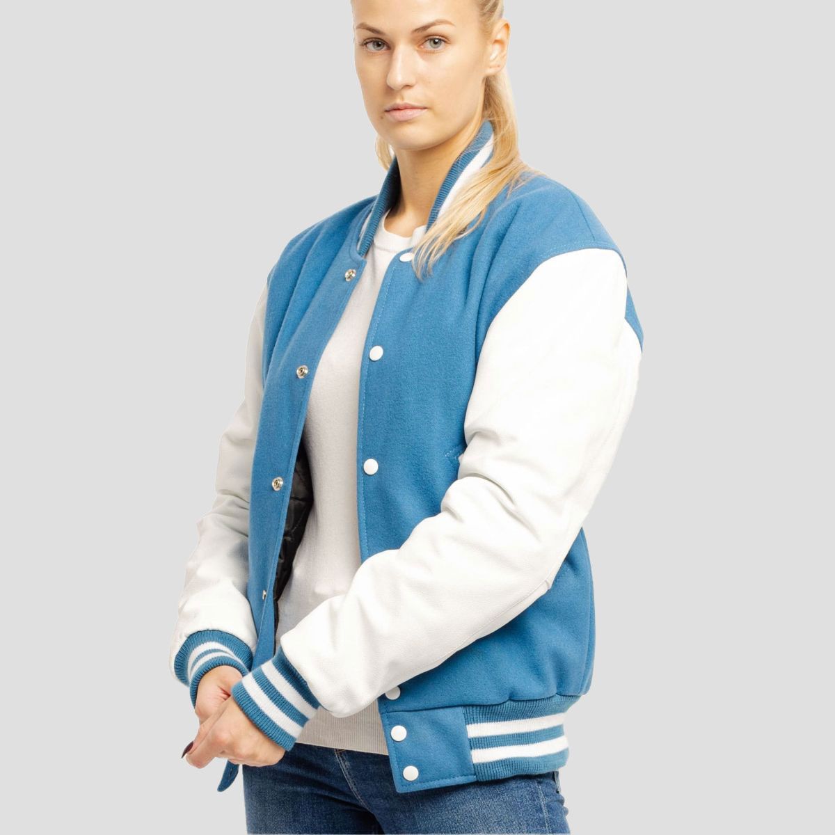 Ava Sky Blue Wool Body & White Leather Sleeves Varsity Jacket