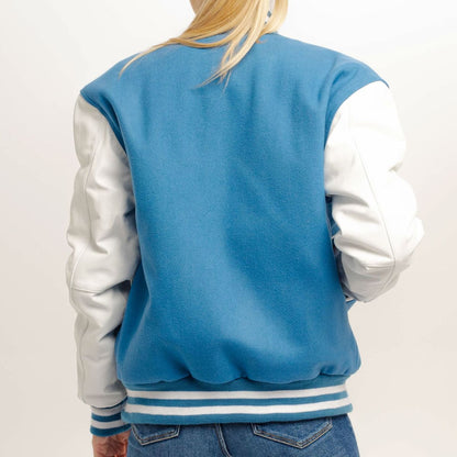 Ava Sky Blue Wool Body & White Leather Sleeves Varsity Jacket