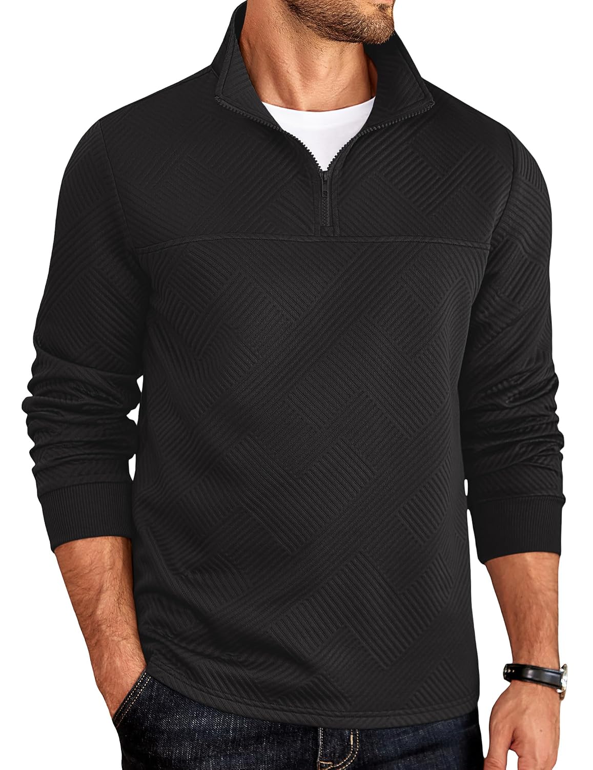 COOFANDY Men's Quarter Zip Pullover Lightweight Textured Sweatshirt Long Sleeve Casual Mock Neck Polo Shirts