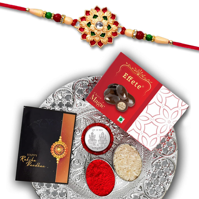 Rakhi for Brother, Bhaiya, Bhabhi, Chocolate Magic 32gm & Pooja Thali, Rakhi with card and chocolate, chocolate gift pack, bracelet for men