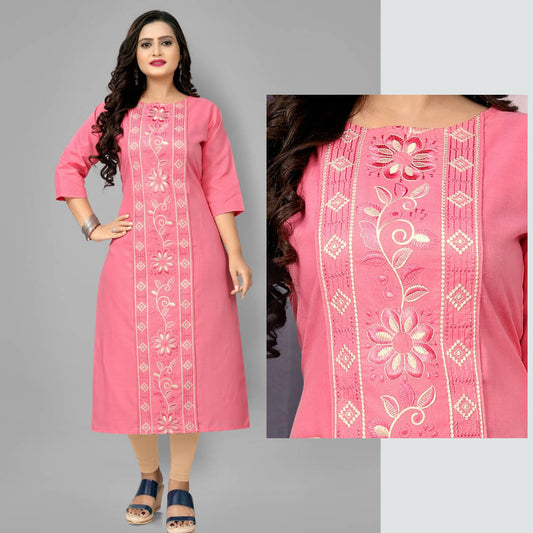 RIAANA Pack of 1 Cotton Blend Embroidered A-line Women's Kurti - ( Pink )RIAANArangrasiya tex