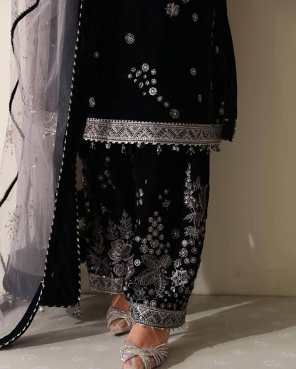 Blue  Viscose Velvet Sequence Embroidery Suit Pant With Dupatta