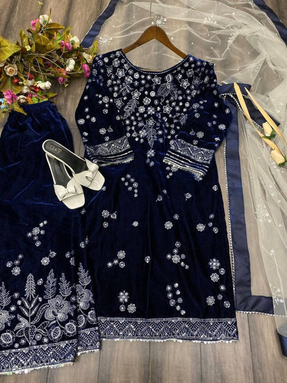 Blue  Viscose Velvet Sequence Embroidery Suit Pant With Dupatta