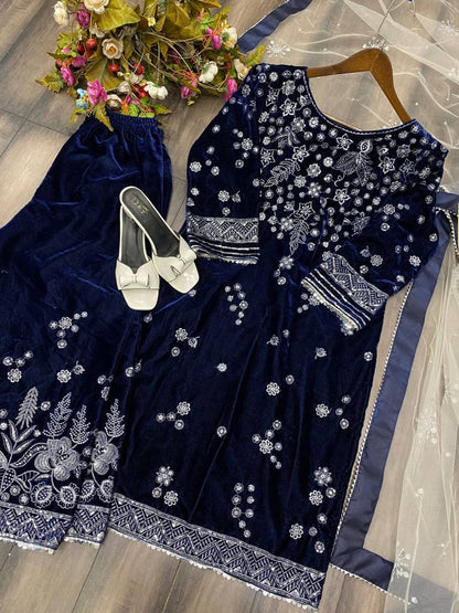 Blue  Viscose Velvet Sequence Embroidery Suit Pant With Dupatta