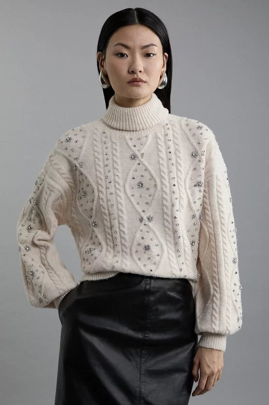 Wool Blend Embellished Cable Knit Jumper