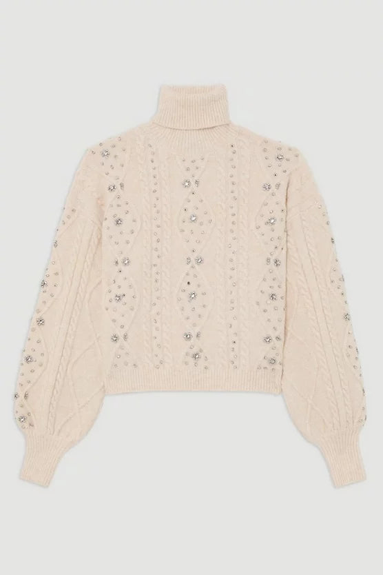 Wool Blend Embellished Cable Knit Jumper