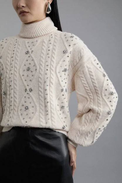 Wool Blend Embellished Cable Knit Jumper