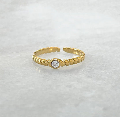 HELINA ADJUSTABLE DAINTY GOLD SOLITAIRE STACKABLE RING