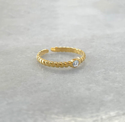 HELINA ADJUSTABLE DAINTY GOLD SOLITAIRE STACKABLE RING