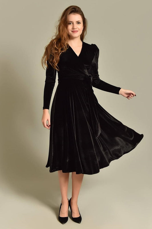 MACFLY Belted Midi Oversized Double Breasted Collar Velvet Dress MAC735