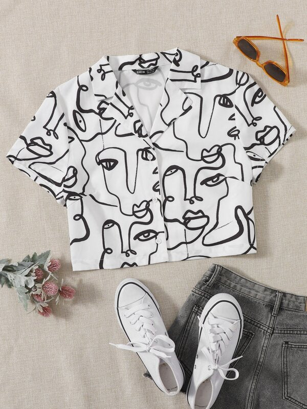 SHEIN Notched Collar Figure Graphic Blouse