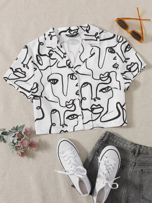 SHEIN Notched Collar Figure Graphic Blouse