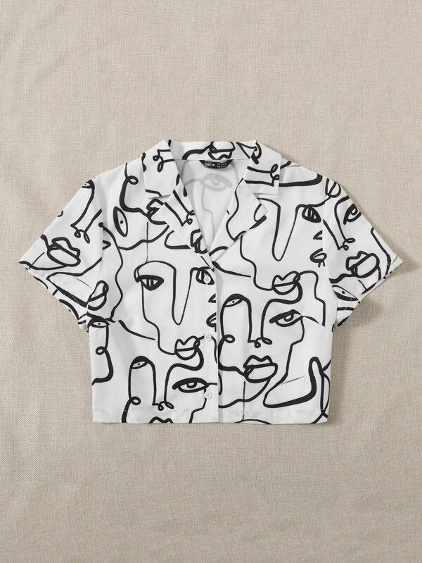 SHEIN Notched Collar Figure Graphic Blouse
