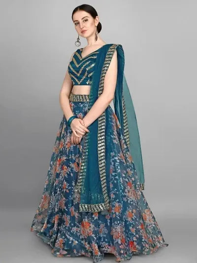 Blue Organza Sequinned Lehenga Cholis For Women