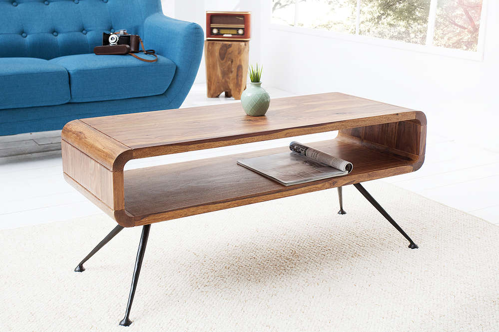 Coffee table natural Sheesham solid wood 100cm metal