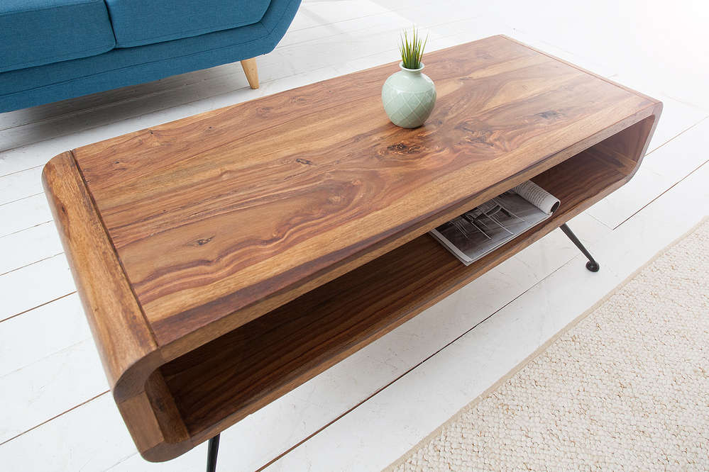 Coffee table natural Sheesham solid wood 100cm metal