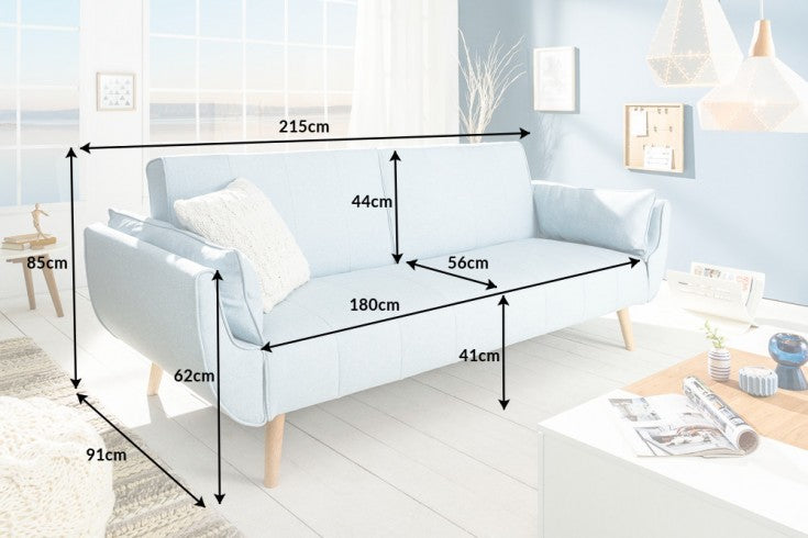 Design sofa bed DIVANI 215cm light blue bed function 3 seater sofa Scandinavian design