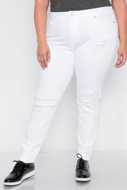 Cotton Spandex White Plus Size Distressed Skinny Jeans