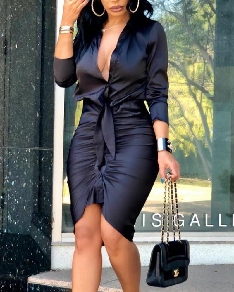 Lace-up Solid Color Long Sleeve Midi Dress