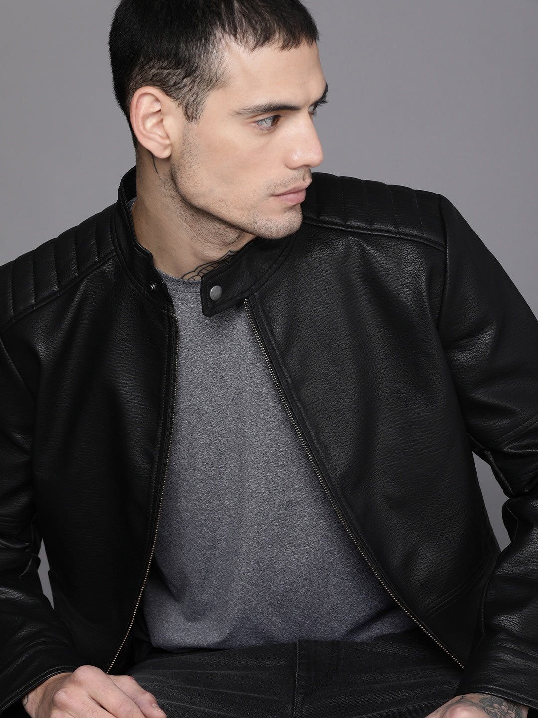 Men Black Solid Stand-Collar Leather Jacket