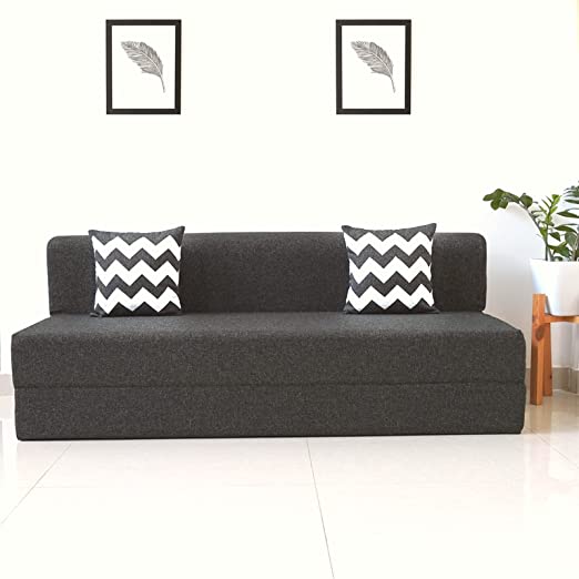 uberlyfe 3 Seater Sofa Cum Bed - Perfect for Guests - Jute Fabric Washable Cover - Dark Grey with 2 Cushions | 6' X 6' Feet.(SCB-001734-BK_A)