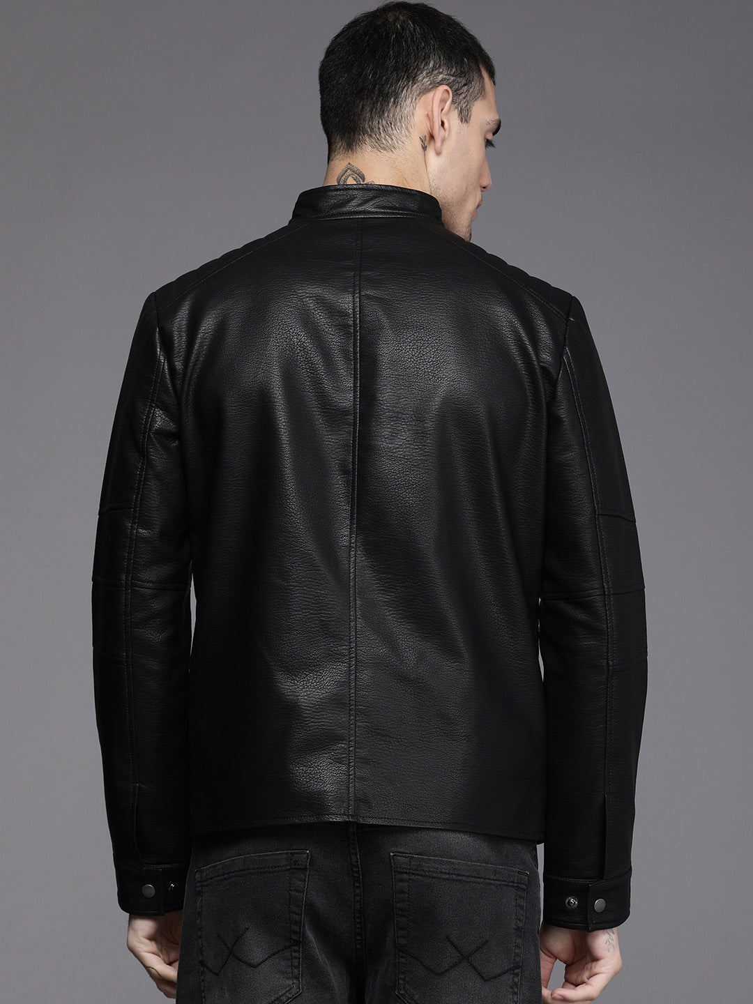 Men Black Solid Stand-Collar Leather Jacket