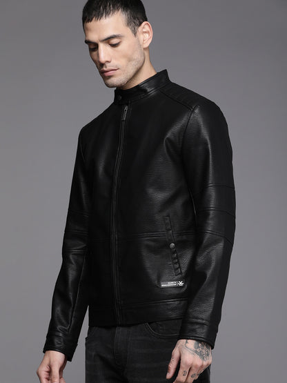 Men Black Solid Stand-Collar Leather Jacket