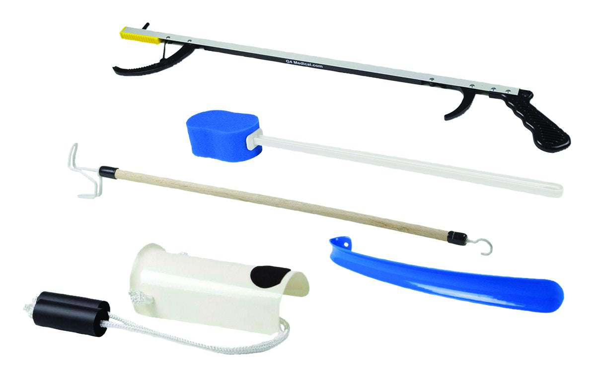 FabLife Hip Kit: 32" reacher, contoured sponge, formed sock aid, 18" plastic shoehorn, 24" dressing stick