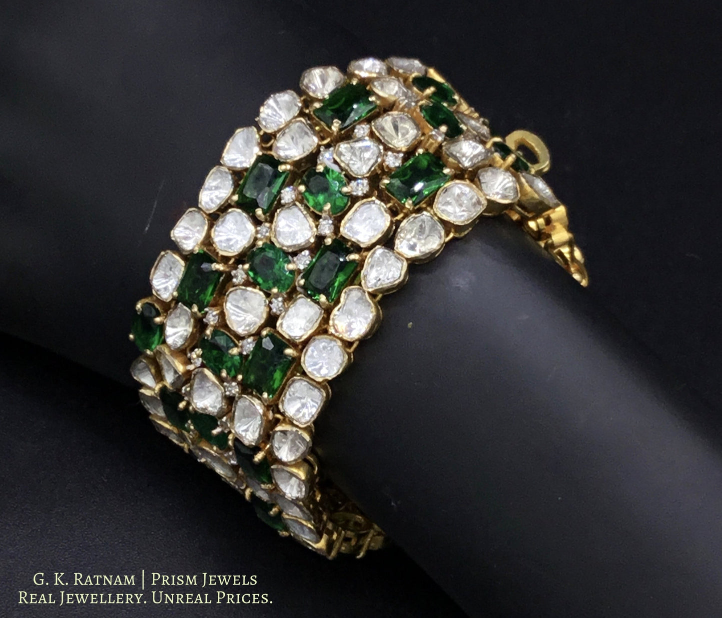 18k Gold and Diamond Polki Open Setting Bracelet with Emerald-Green Stones