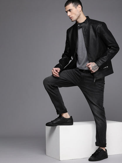 Men Black Solid Stand-Collar Leather Jacket